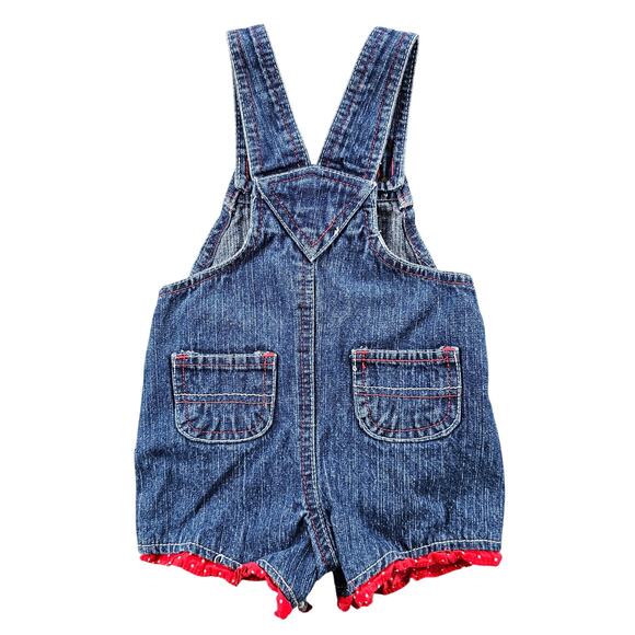 Denim Infant Overalls 6-9 mos Embroidered Strawberry Ruffle Hem Eyelet Accents - Picture 2 of 10